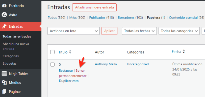 borrar entrada wordpress