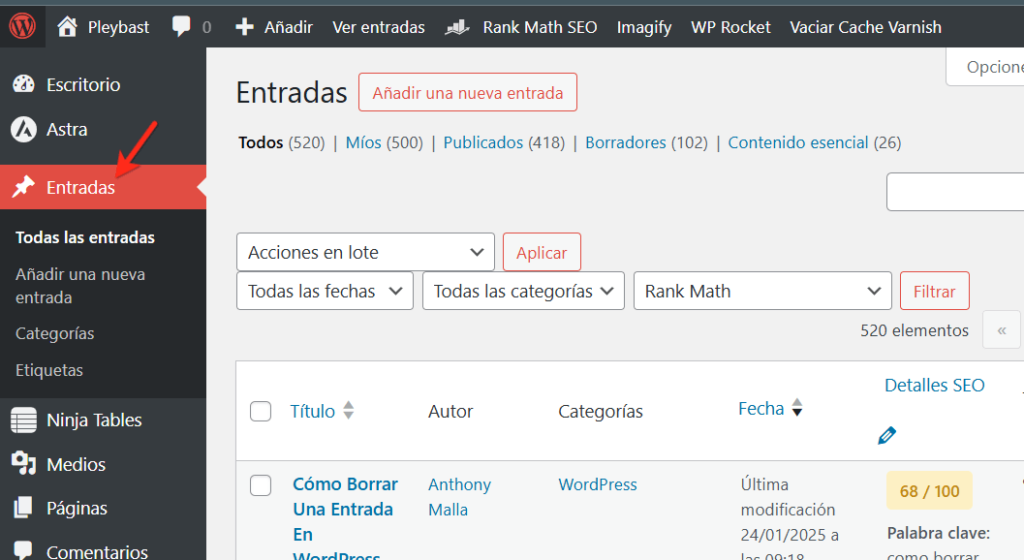 borrar todas las entradas wordpress