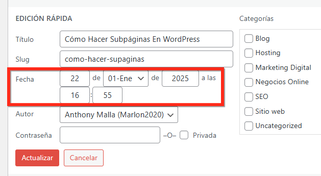 cambiar fecha publicaciones en wordpress ejemplo
