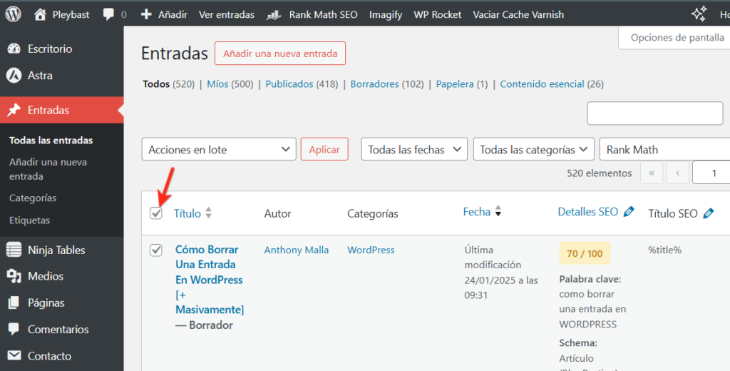 como borrar todas las entradas en wordpress