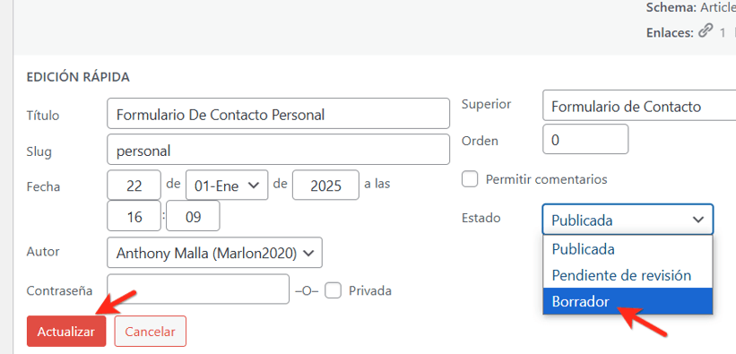 como ocultar una pagina en wordpress
