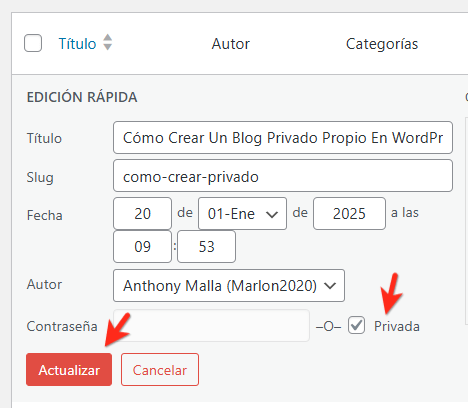 crear entrada de blog privada wordpress