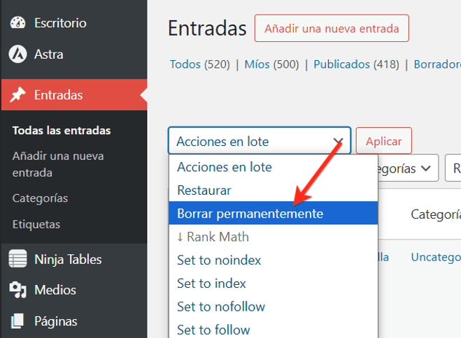 eliminar todos los articulos wordpress