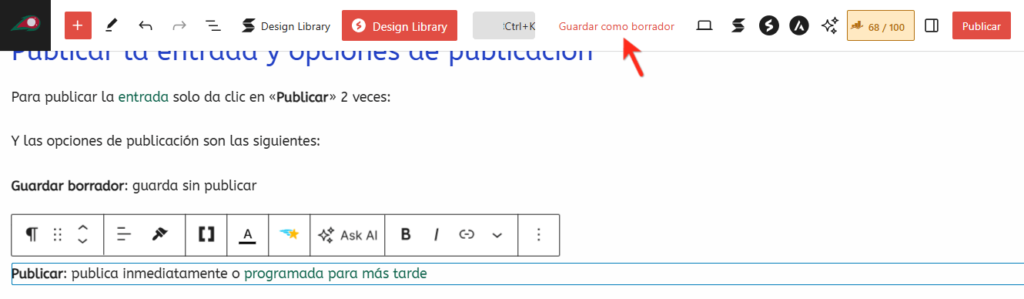 opcion guardar como borrador entrada wordpress