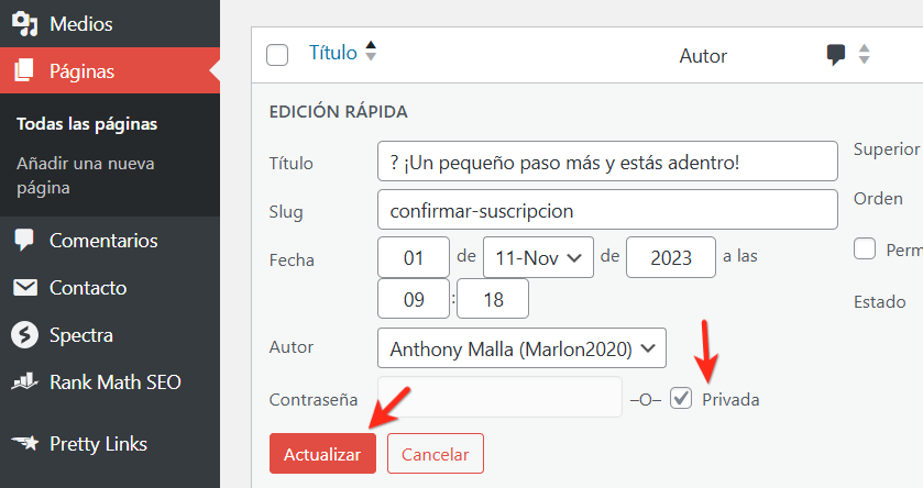 pagina privada en wordpress