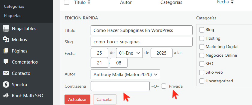 publica privada contraseña entrada wordpress