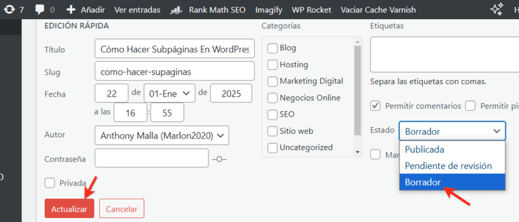 wordpress ocultar entrada