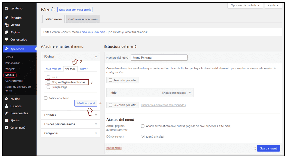 blog en menu wordpress pagina de entradas