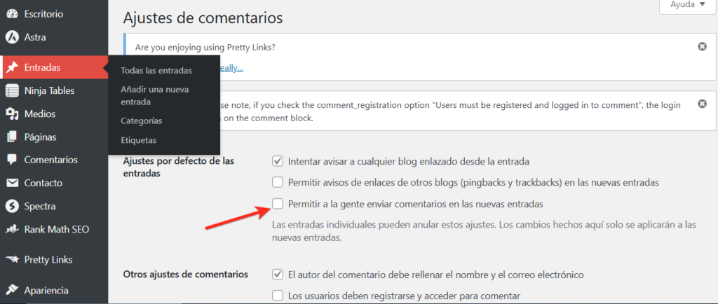 desactivar comentarios de sitio web o blog wordpress