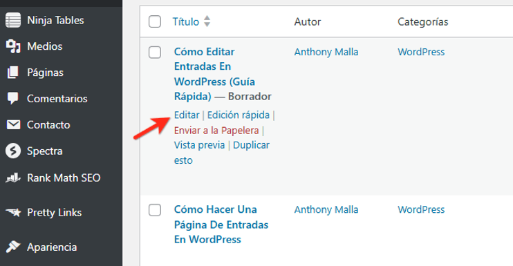 edicion de articulos wordpress