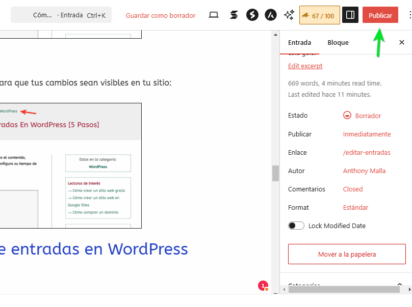 editar entrada en cms wordpress