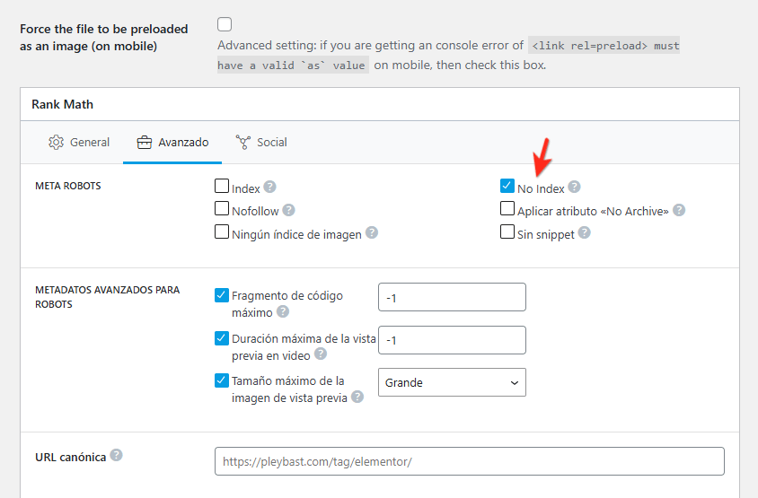 pagina de archivo de etiqueta en wordpress noindex