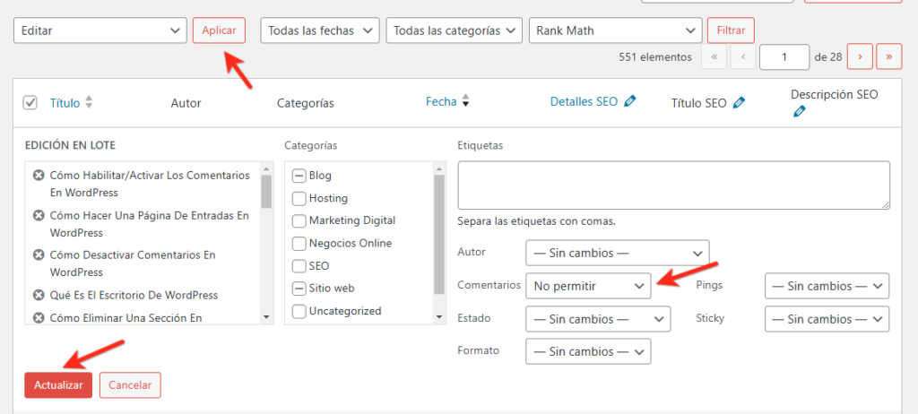 wordpress desactivar comentarios